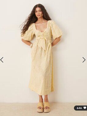 YAS sz 6 Butter Yellow Puff Sleeve Bow Front Textured Midi Dress